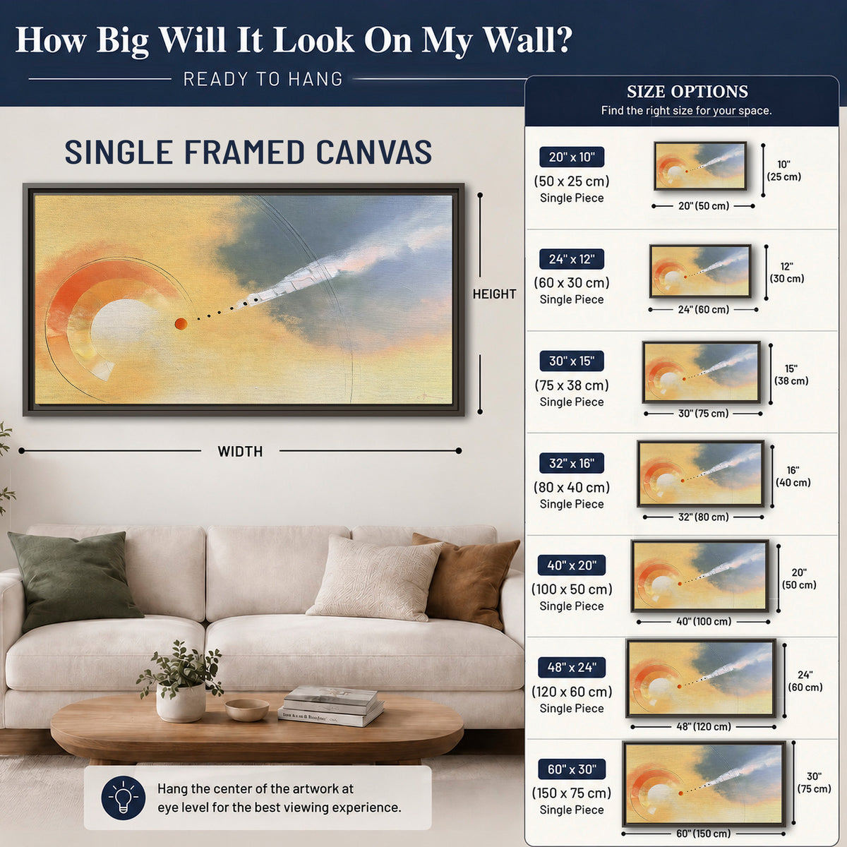 A warm orange circular form and diagonal pale streaks across a muted yellow and blue field single framed canvas wall art size guide above a sofa; room view is illustrative