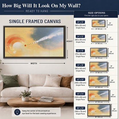 A warm orange circular form and diagonal pale streaks across a muted yellow and blue field single framed canvas wall art size guide above a sofa; room view is illustrative