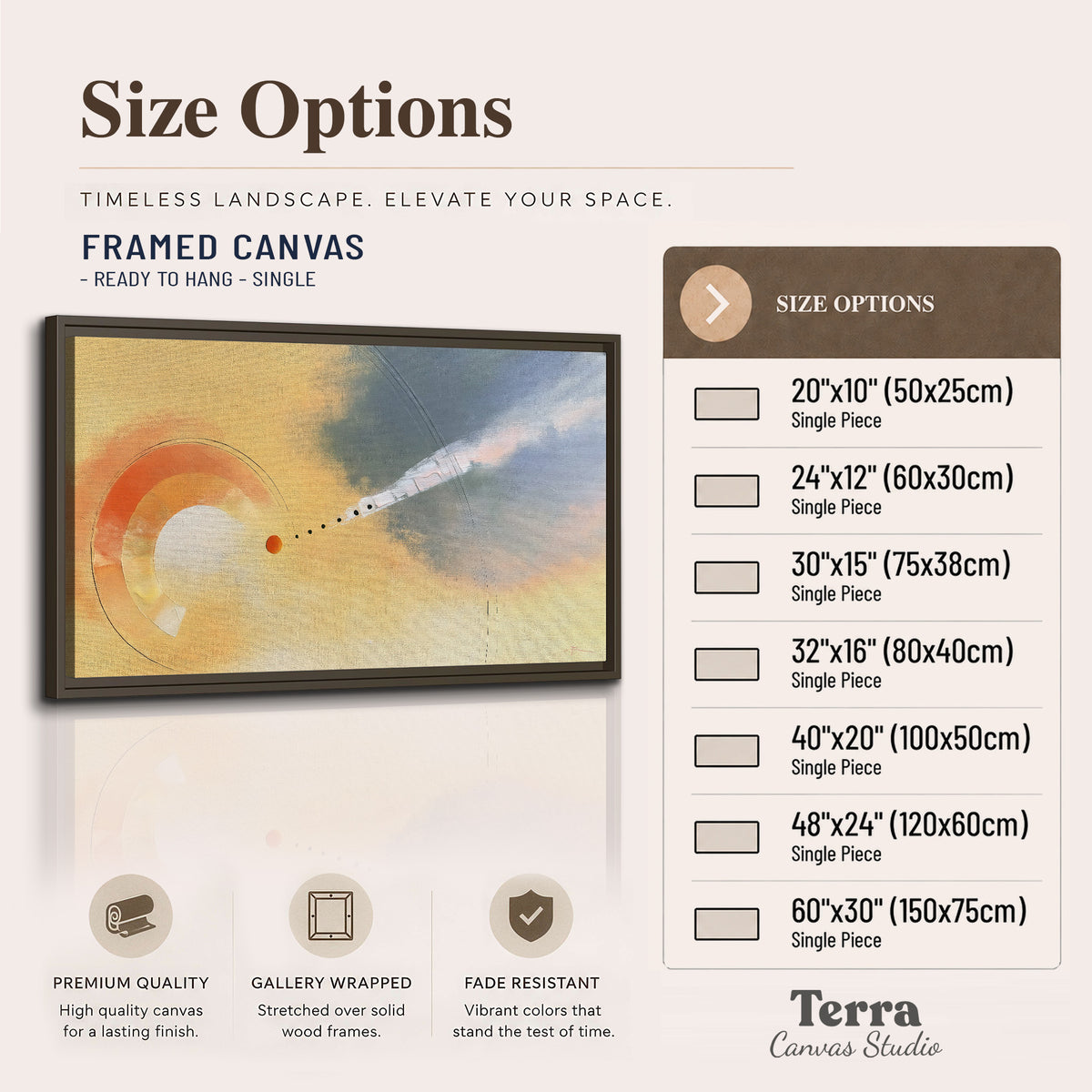 A warm orange circular form and diagonal pale streaks across a muted yellow and blue field single framed canvas wall art available dimensions