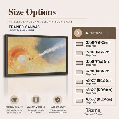 A warm orange circular form and diagonal pale streaks across a muted yellow and blue field single framed canvas wall art available dimensions