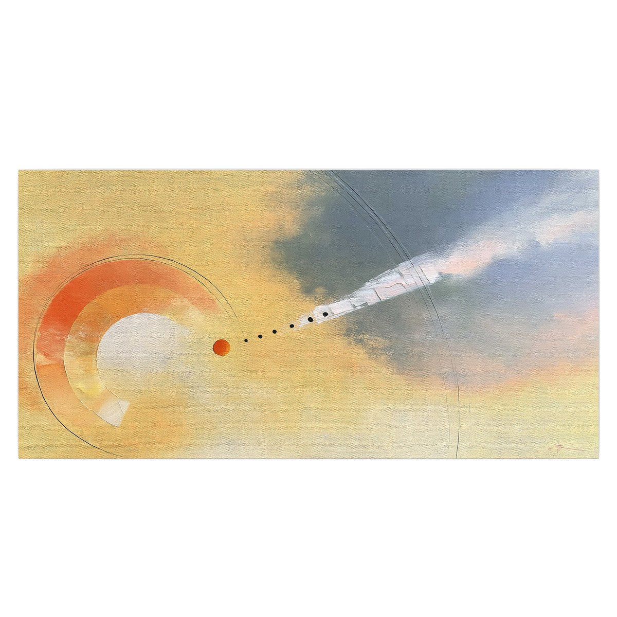 A warm orange circular form and diagonal pale streaks across a muted yellow and blue field single poster print viewed straight on
