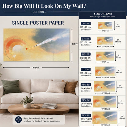 A warm orange circular form and diagonal pale streaks across a muted yellow and blue field single poster print size guide above a sofa; room view is illustrative