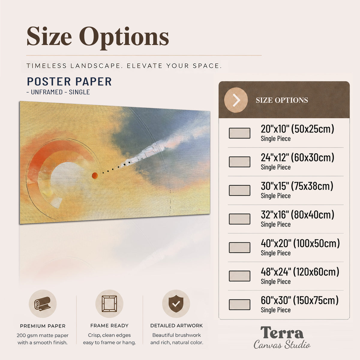 A warm orange circular form and diagonal pale streaks across a muted yellow and blue field single poster print available dimensions