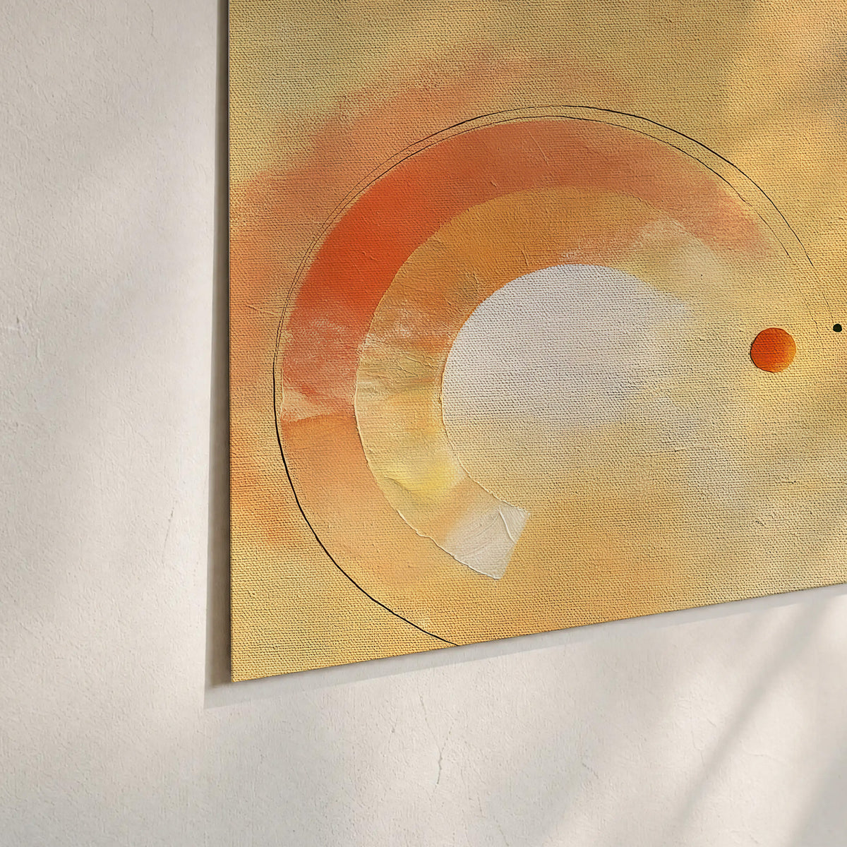 A warm orange circular form and diagonal pale streaks across a muted yellow and blue field set of 3 poster prints material and edge close up