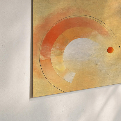 A warm orange circular form and diagonal pale streaks across a muted yellow and blue field set of 3 poster prints material and edge close up