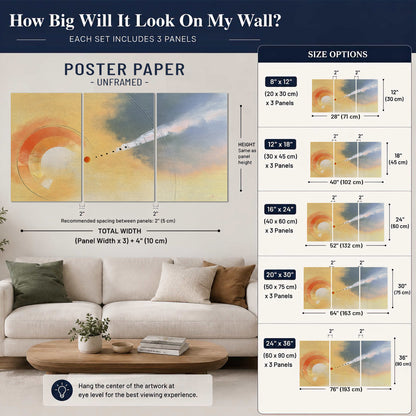 A warm orange circular form and diagonal pale streaks across a muted yellow and blue field set of 3 poster prints size guide above a sofa; room view is illustrative