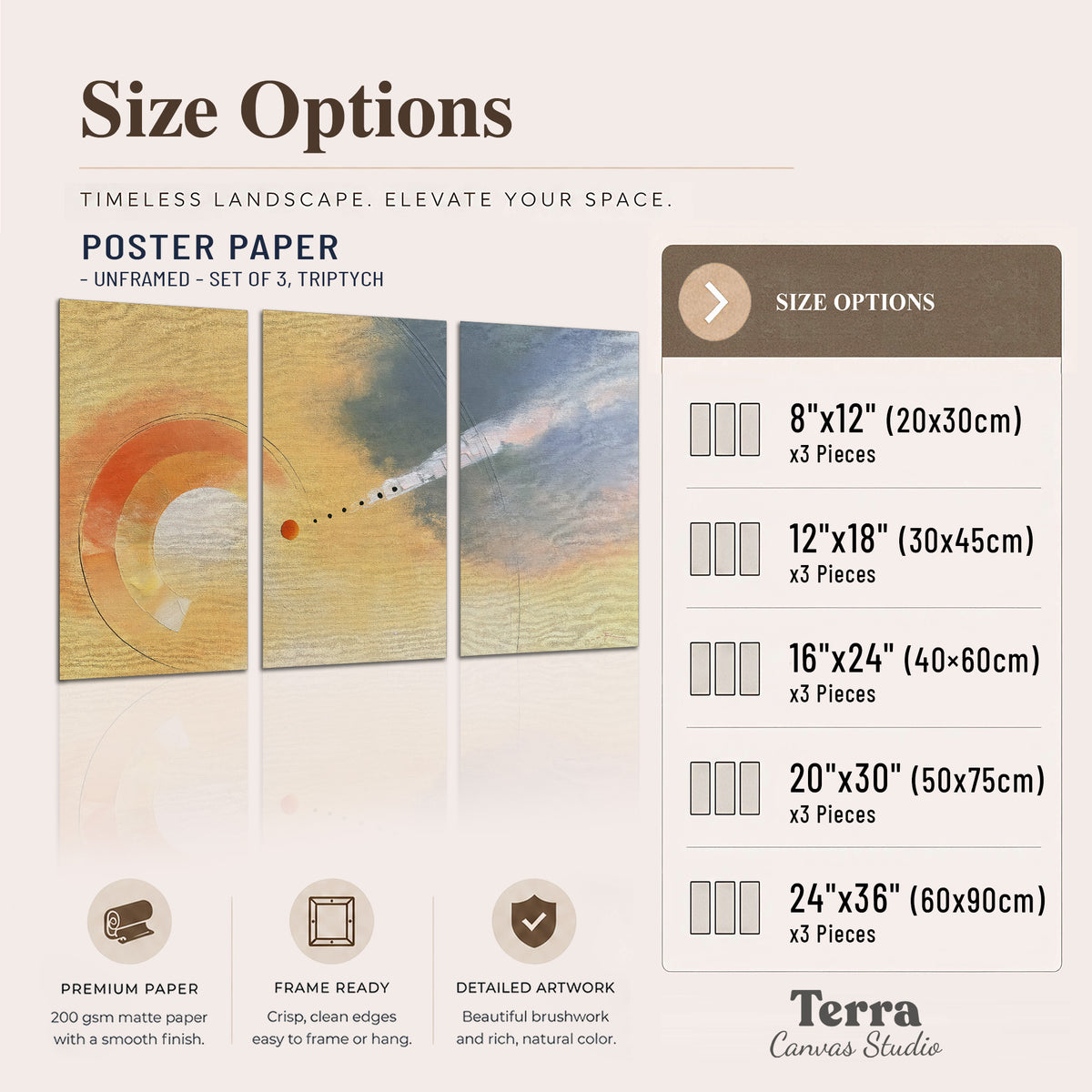 A warm orange circular form and diagonal pale streaks across a muted yellow and blue field set of 3 poster prints available dimensions; triptych dimensions are per panel