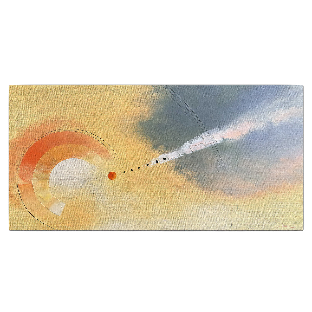 A warm orange circular form and diagonal pale streaks across a muted yellow and blue field single canvas wall art viewed straight on
