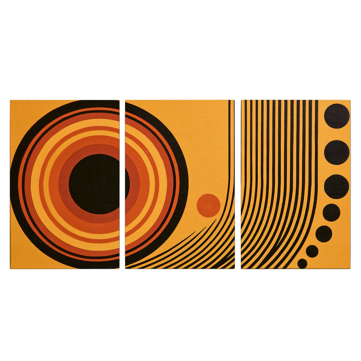 Bold black, orange and golden circles with parallel curved lines and small dots 3 piece canvas wall art viewed straight on