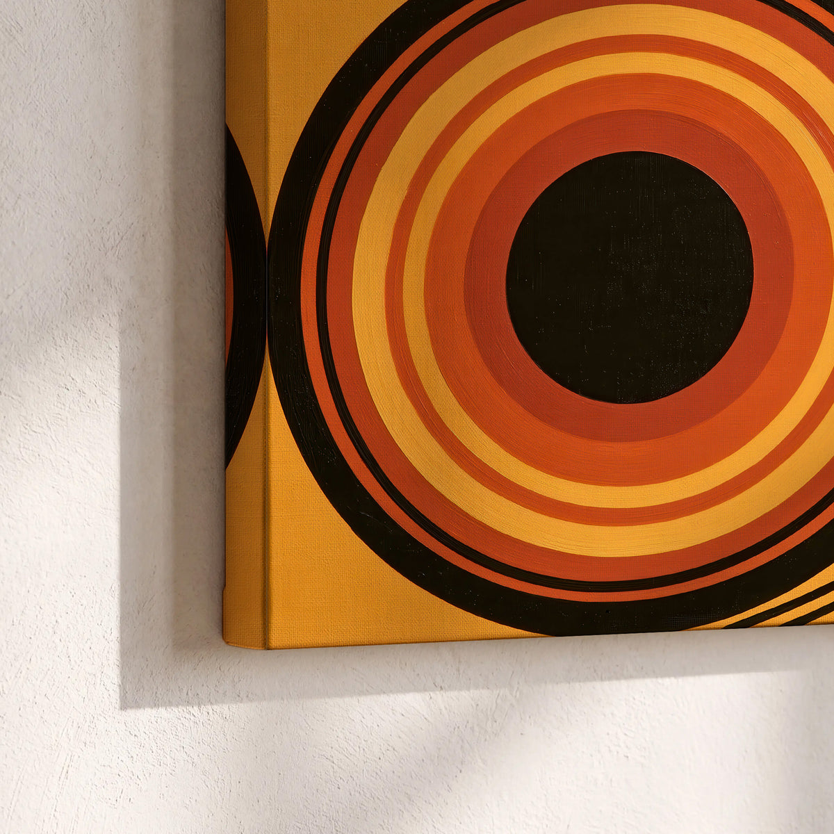 Bold black, orange and golden circles with parallel curved lines and small dots 3 piece canvas wall art material and edge close up