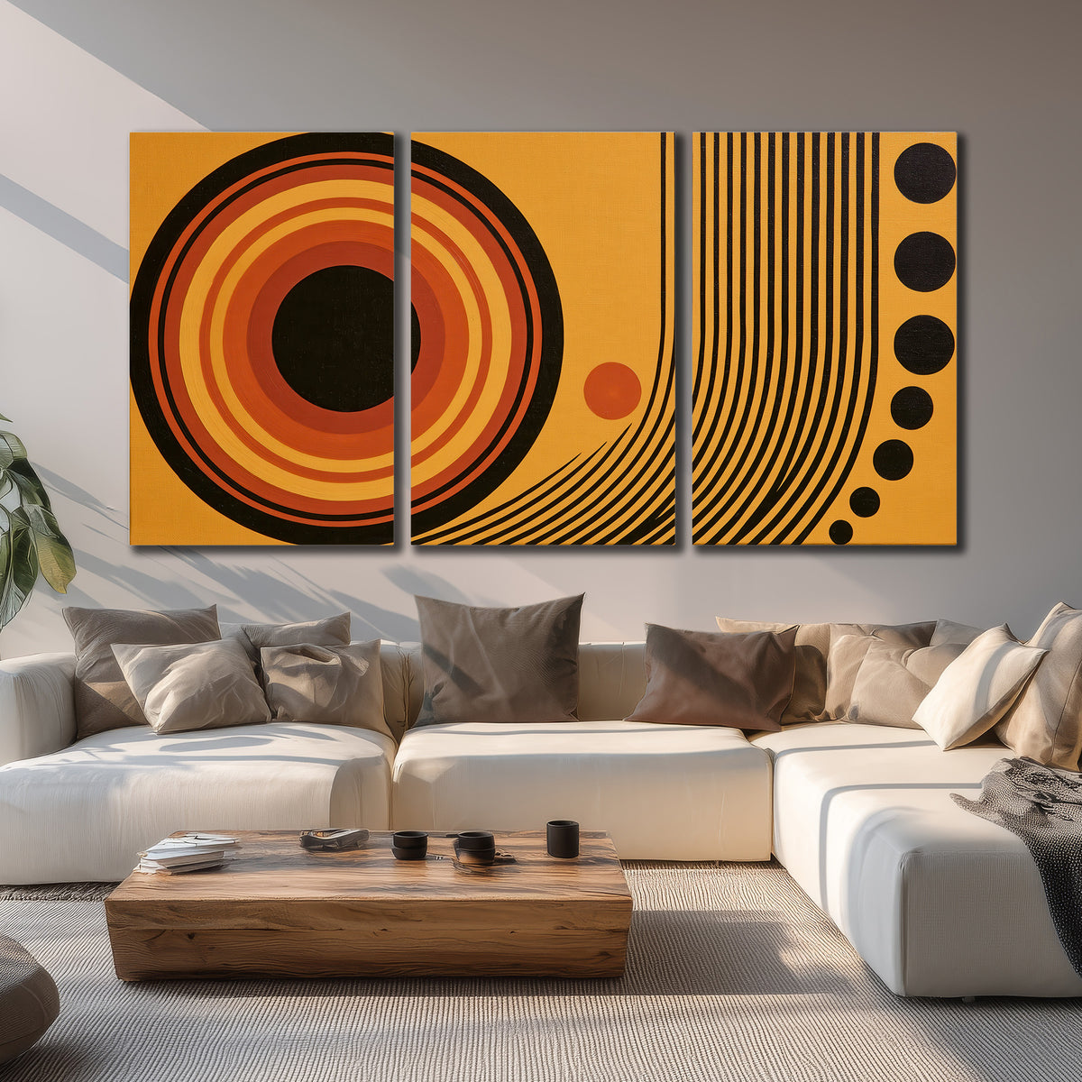 Bold black, orange and golden circles with parallel curved lines and small dots 3 piece canvas wall art displayed in a living room