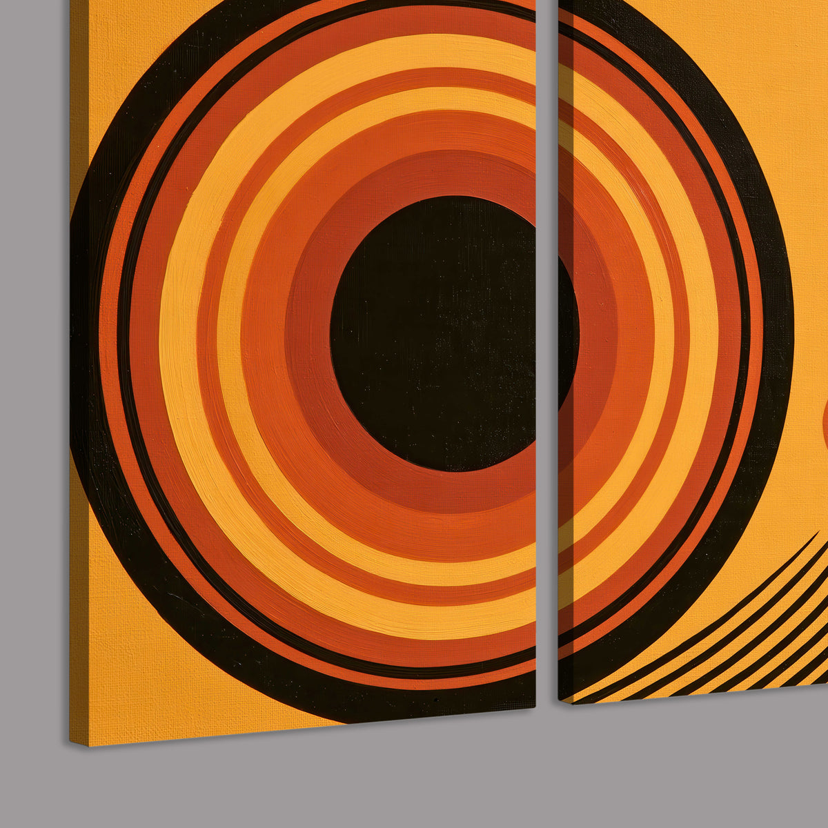 Bold black, orange and golden circles with parallel curved lines and small dots 3 piece canvas wall art room and product view