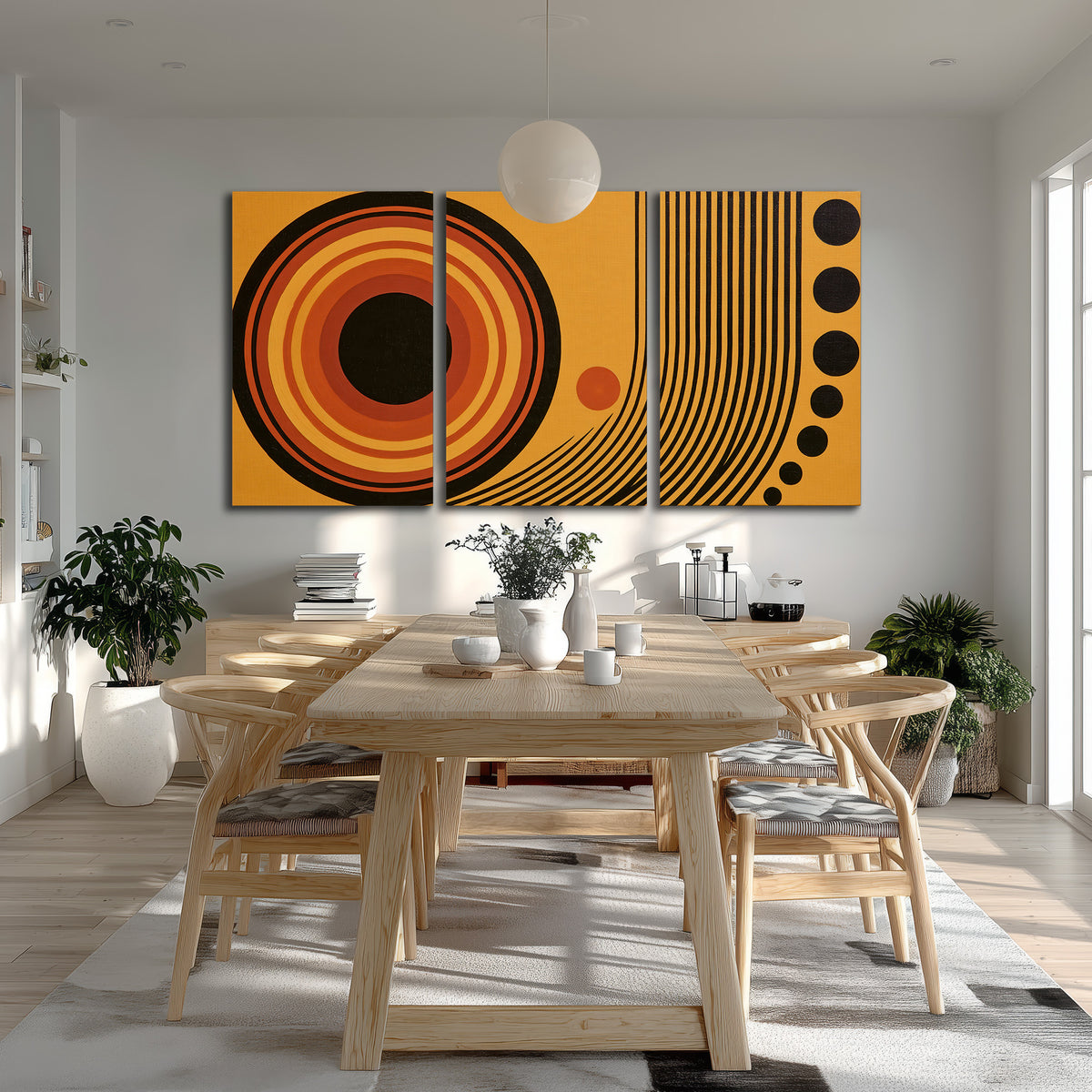 Bold black, orange and golden circles with parallel curved lines and small dots 3 piece canvas wall art room and product view