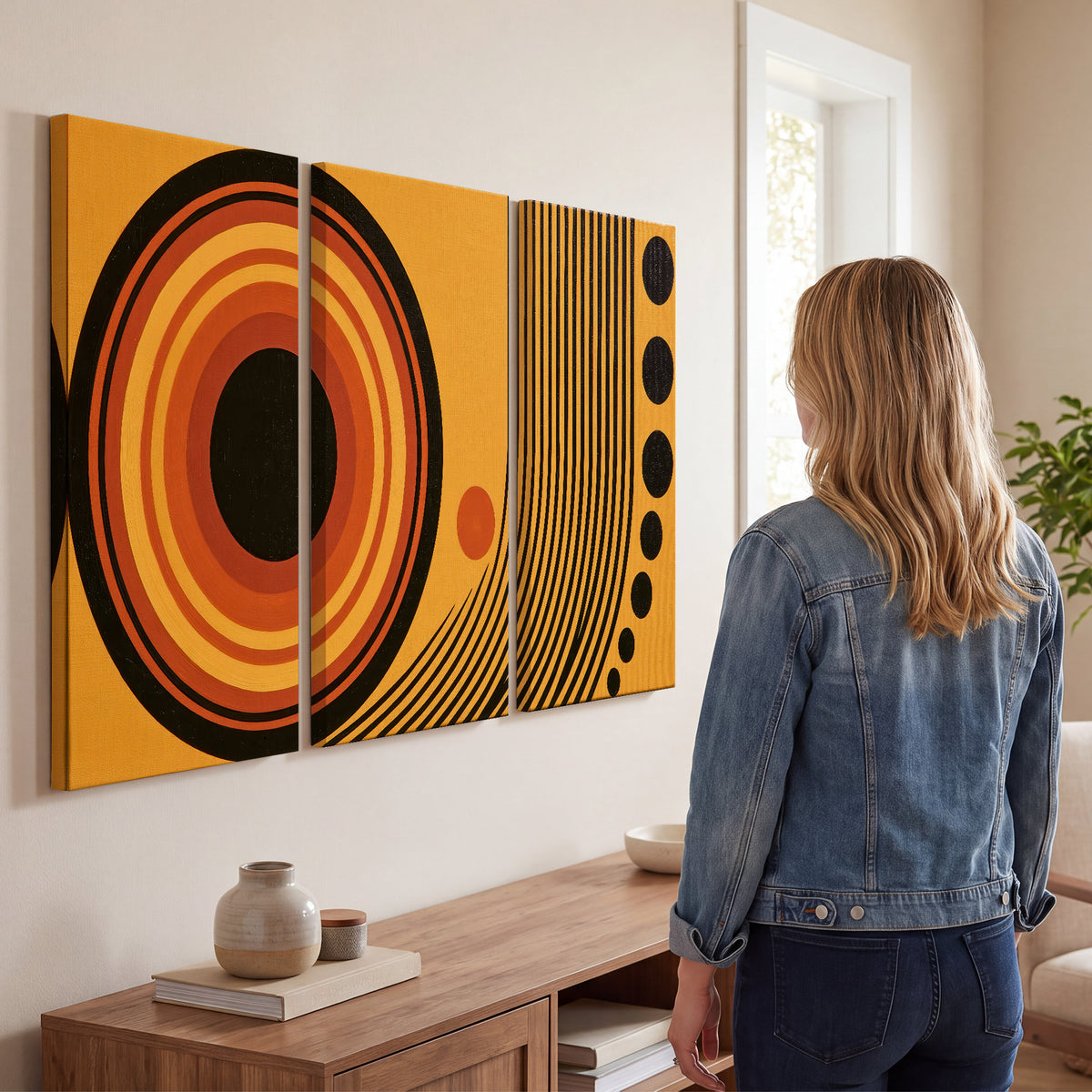 Bold black, orange and golden circles with parallel curved lines and small dots 3 piece canvas wall art three panel arrangement on a wall