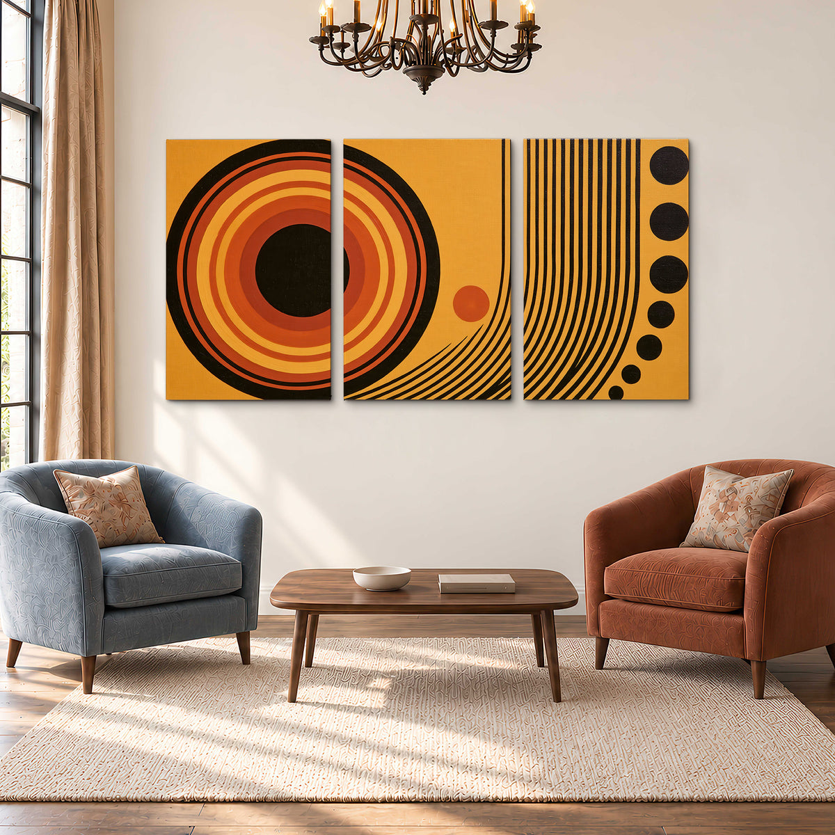 Bold black, orange and golden circles with parallel curved lines and small dots 3 piece canvas wall art styled in an interior