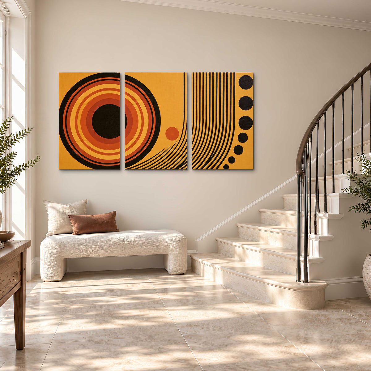 Bold black, orange and golden circles with parallel curved lines and small dots 3 piece canvas wall art styled in an interior