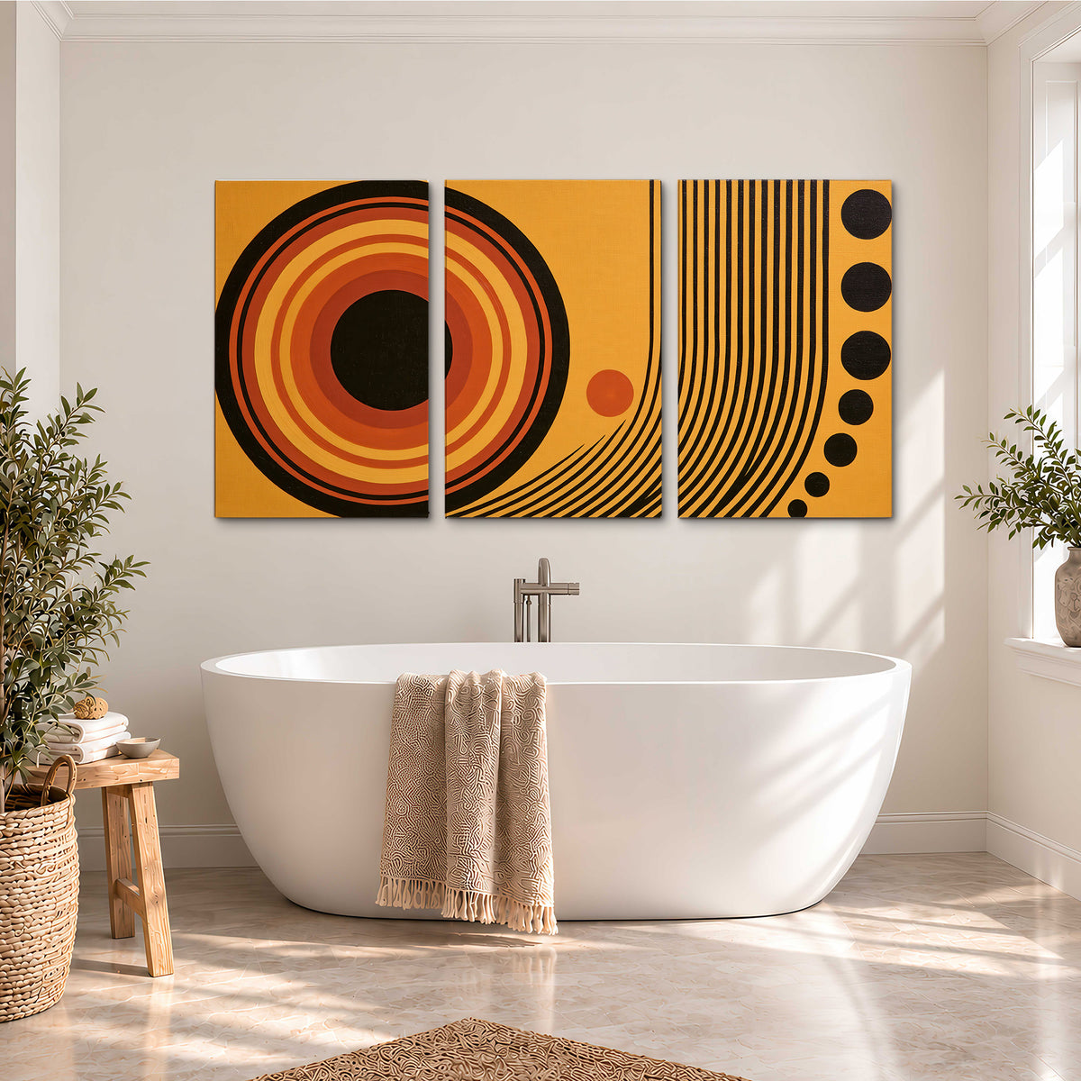 Bold black, orange and golden circles with parallel curved lines and small dots 3 piece canvas wall art styled in an interior