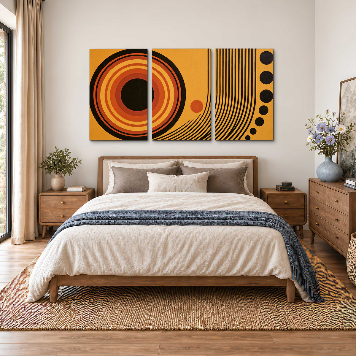 Bold black, orange and golden circles with parallel curved lines and small dots 3 piece canvas wall art styled in an interior