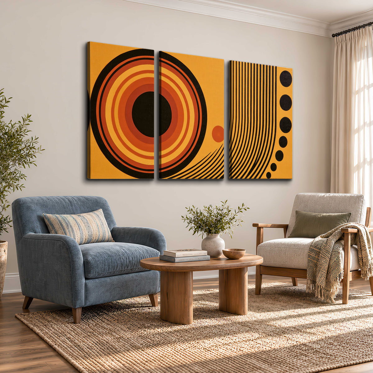 Bold black, orange and golden circles with parallel curved lines and small dots 3 piece canvas wall art styled in an interior