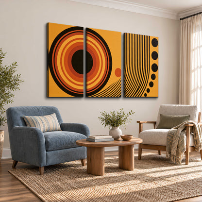 Bold black, orange and golden circles with parallel curved lines and small dots 3 piece canvas wall art styled in an interior