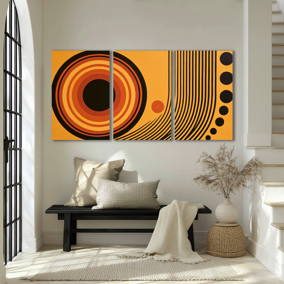Bold black, orange and golden circles with parallel curved lines and small dots 3 piece canvas wall art displayed in a entryway
