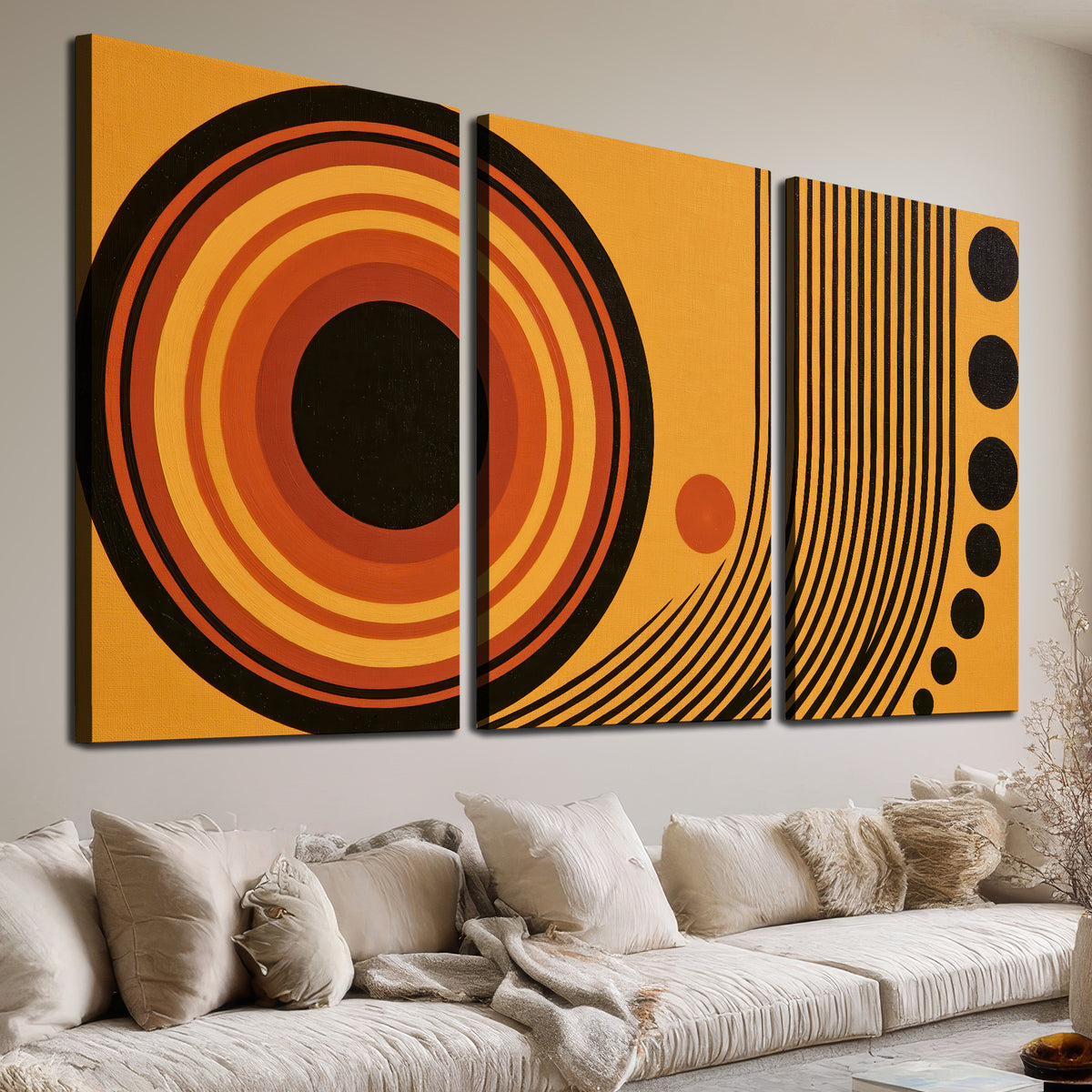 Bold black, orange and golden circles with parallel curved lines and small dots 3 piece canvas wall art room and product view