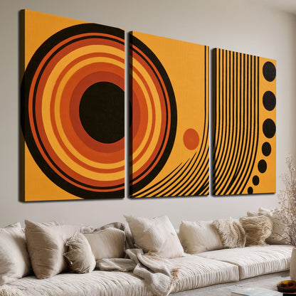 Bold black, orange and golden circles with parallel curved lines and small dots 3 piece canvas wall art room and product view