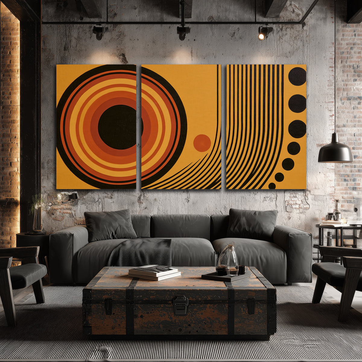 Bold black, orange and golden circles with parallel curved lines and small dots 3 piece canvas wall art displayed in a industrial room