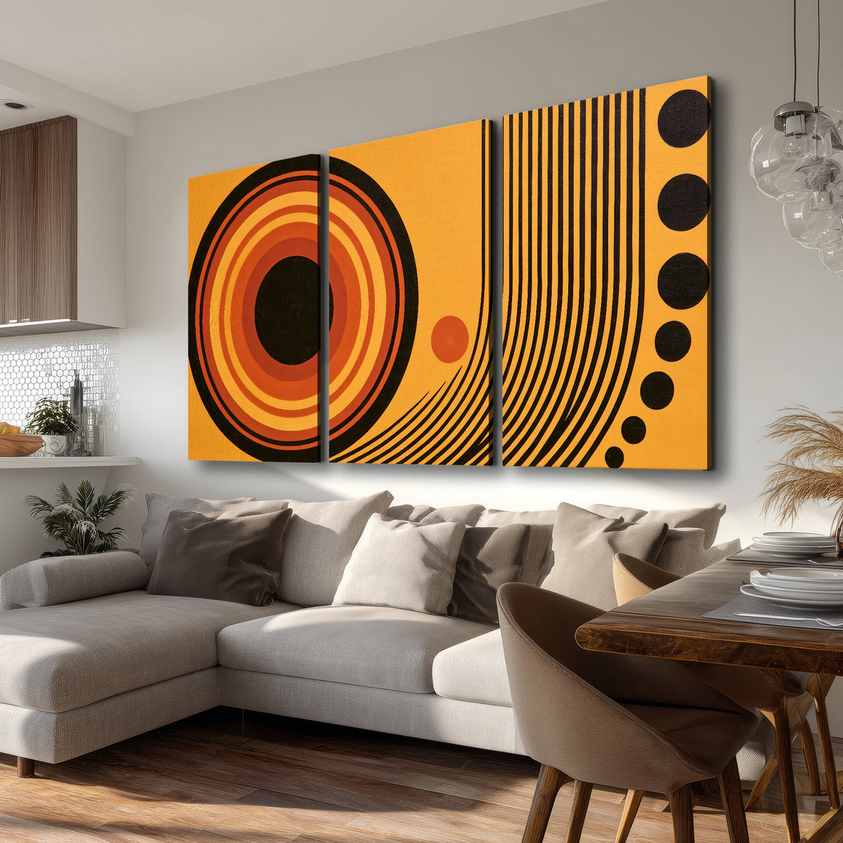 Bold black, orange and golden circles with parallel curved lines and small dots 3 piece canvas wall art room and product view