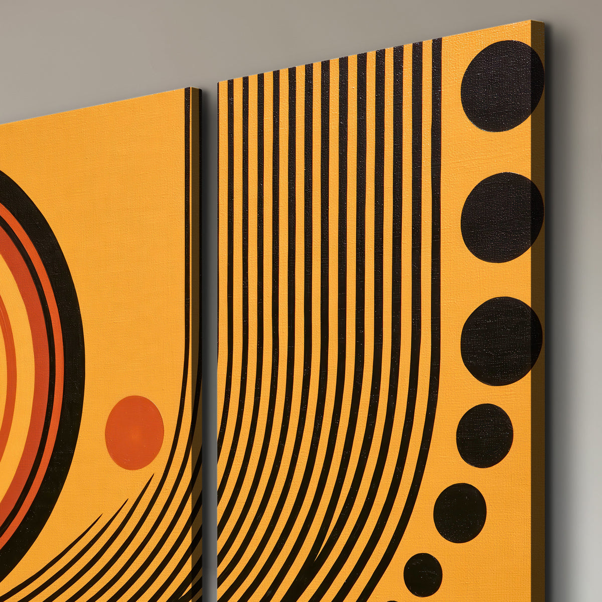 Bold black, orange and golden circles with parallel curved lines and small dots 3 piece canvas wall art room and product view