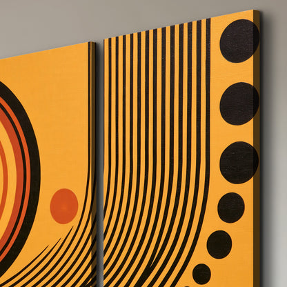 Bold black, orange and golden circles with parallel curved lines and small dots 3 piece canvas wall art room and product view