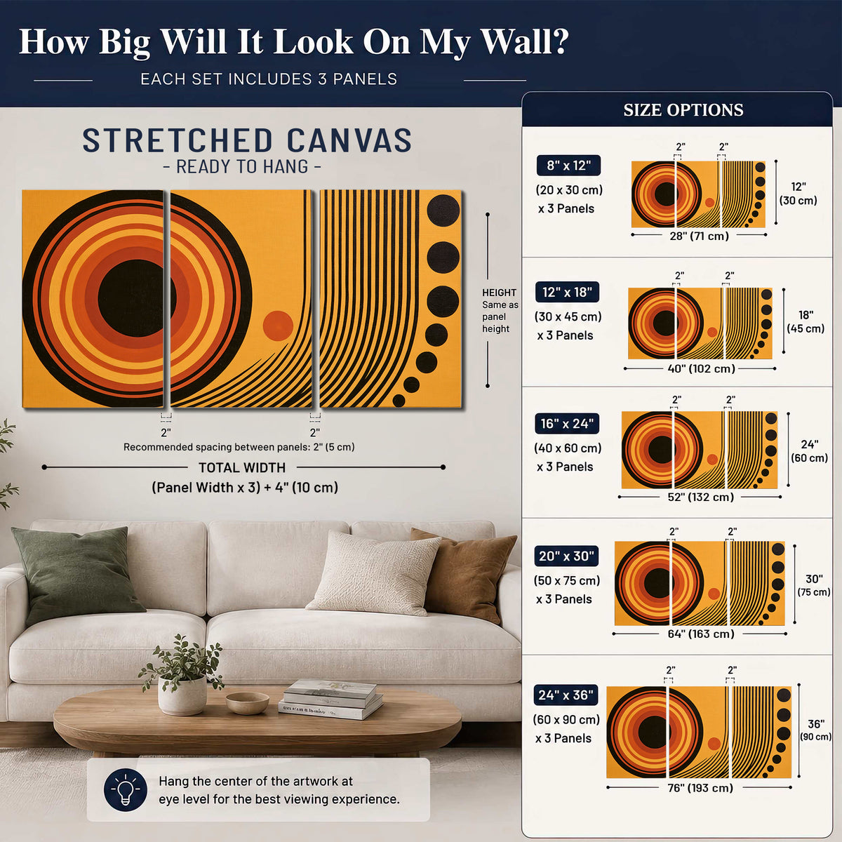 Bold black, orange and golden circles with parallel curved lines and small dots 3 piece canvas wall art size guide above a sofa; room view is illustrative