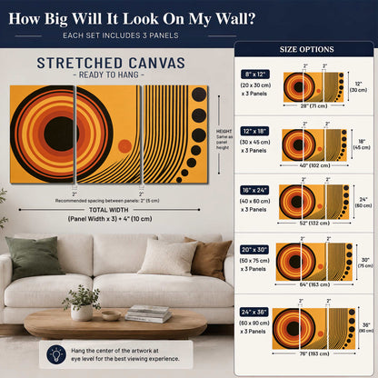 Bold black, orange and golden circles with parallel curved lines and small dots 3 piece canvas wall art size guide above a sofa; room view is illustrative