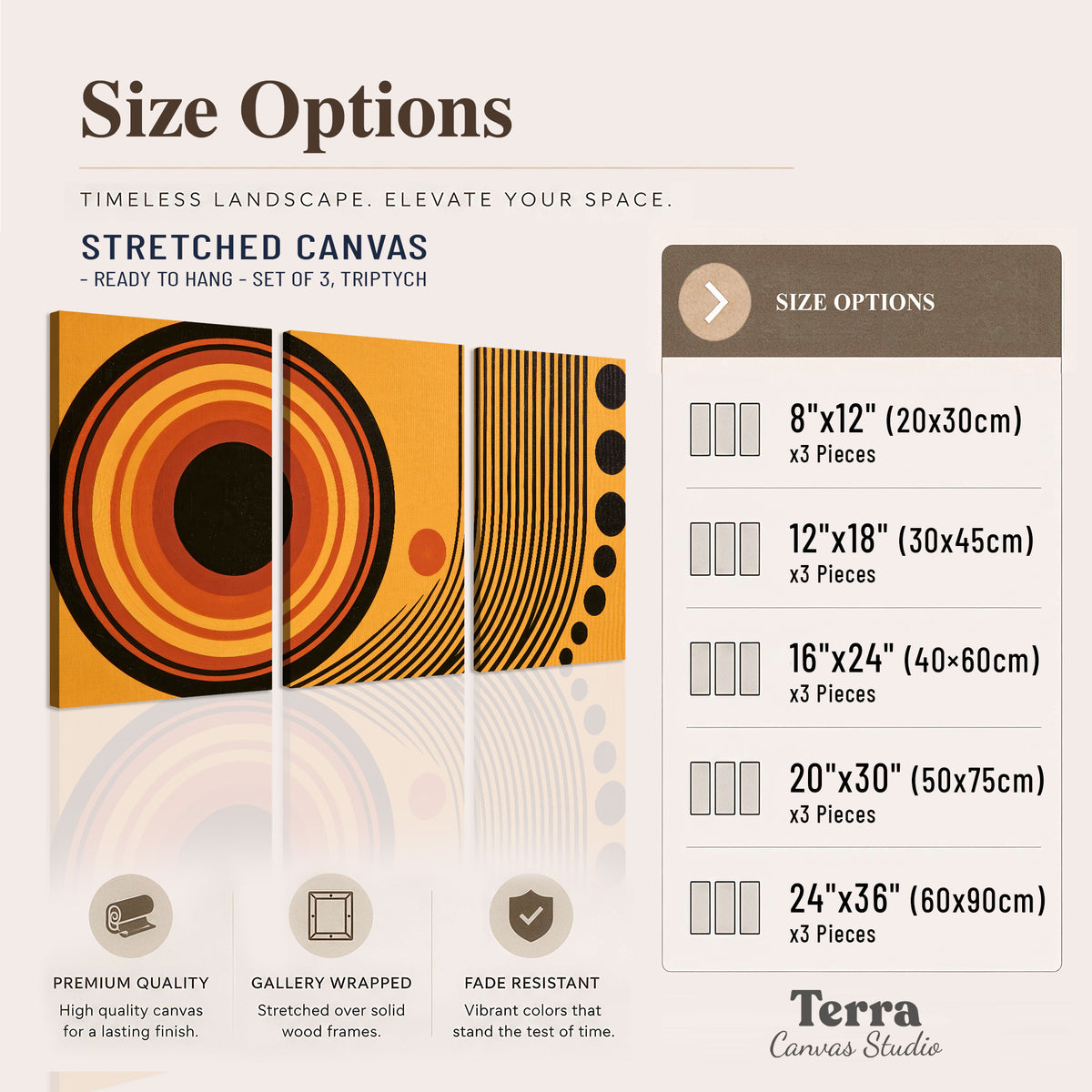 Bold black, orange and golden circles with parallel curved lines and small dots 3 piece canvas wall art available dimensions; triptych dimensions are per panel