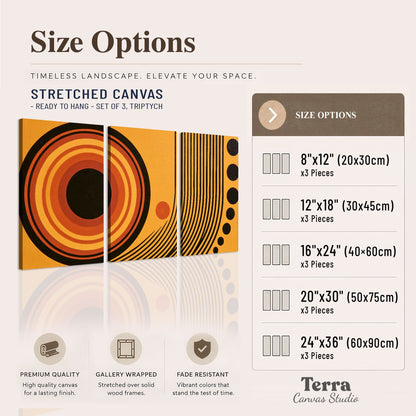 Bold black, orange and golden circles with parallel curved lines and small dots 3 piece canvas wall art available dimensions; triptych dimensions are per panel