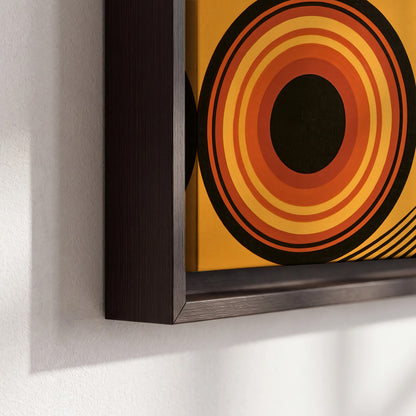 Bold black, orange and golden circles with parallel curved lines and small dots 3 piece framed canvas wall art material and edge close up