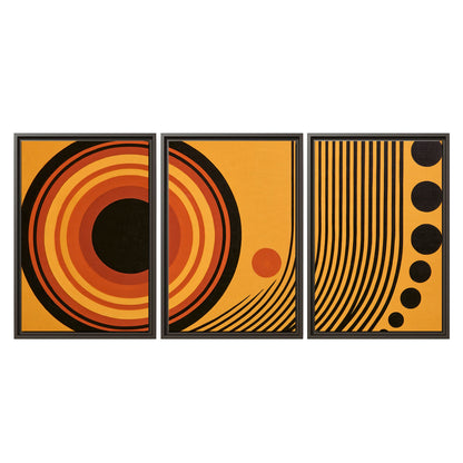 Bold black, orange and golden circles with parallel curved lines and small dots 3 piece framed canvas wall art viewed straight on