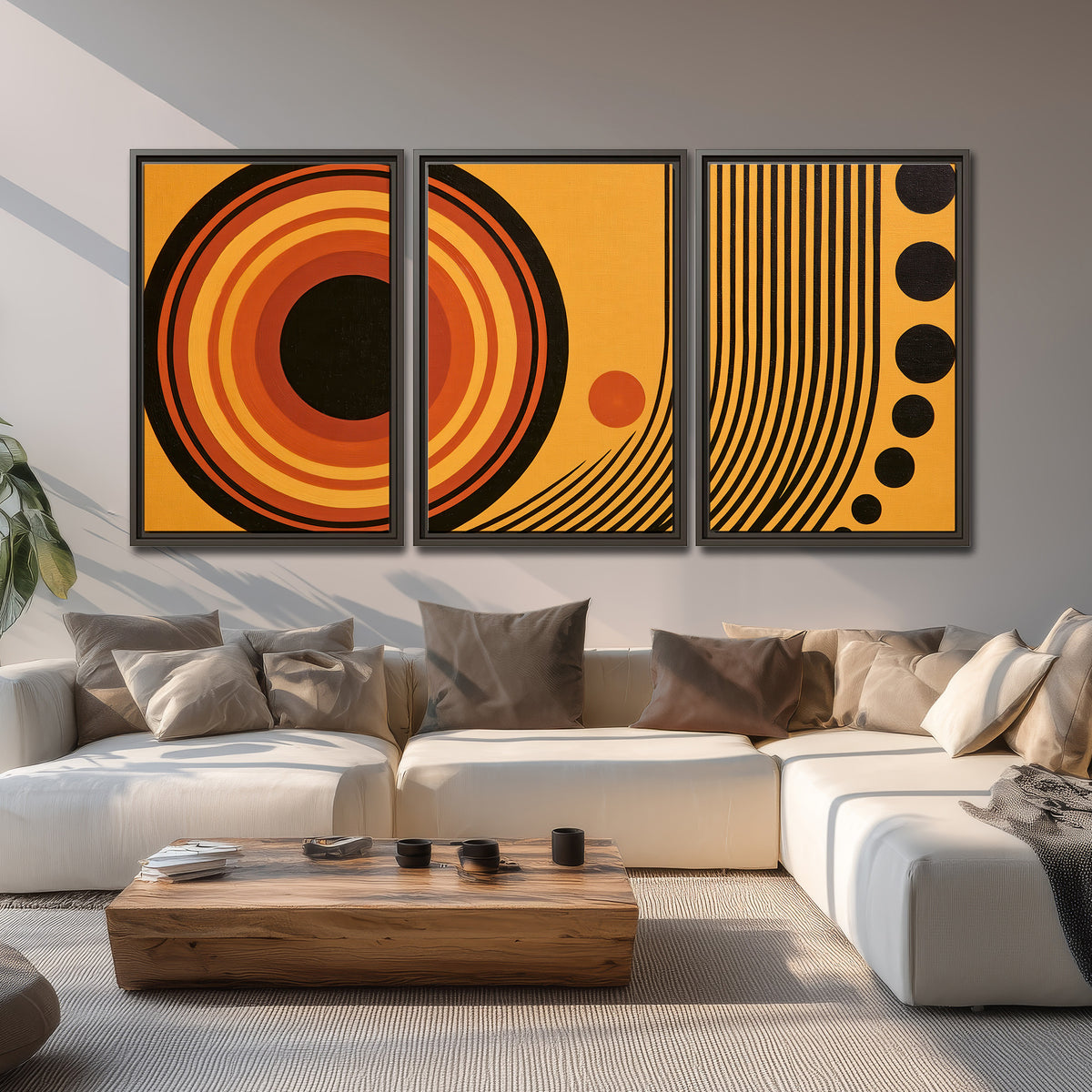 Bold black, orange and golden circles with parallel curved lines and small dots 3 piece framed canvas wall art displayed in a living room