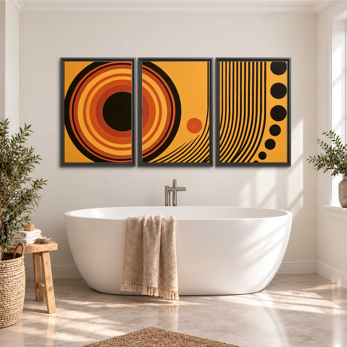 Bold black, orange and golden circles with parallel curved lines and small dots 3 piece framed canvas wall art styled in an interior