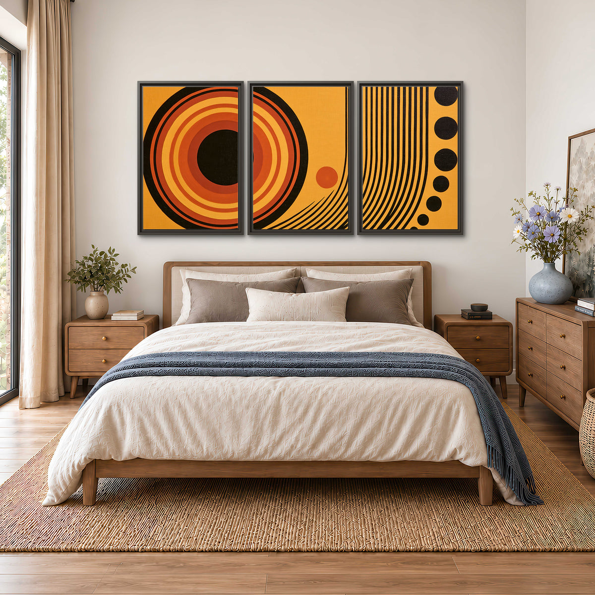 Bold black, orange and golden circles with parallel curved lines and small dots 3 piece framed canvas wall art styled in an interior