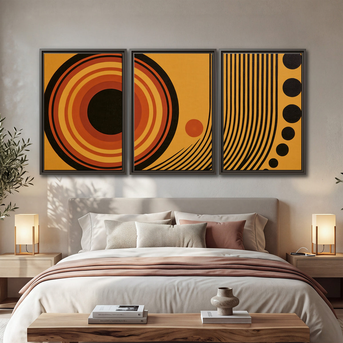 Bold black, orange and golden circles with parallel curved lines and small dots 3 piece framed canvas wall art displayed in a bedroom