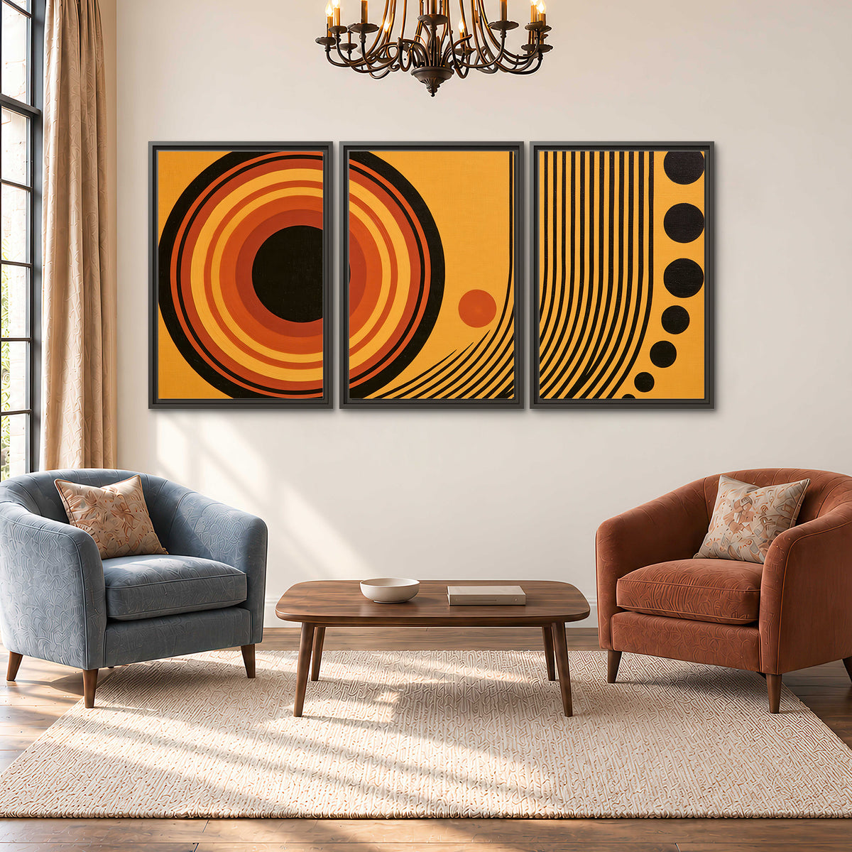 Bold black, orange and golden circles with parallel curved lines and small dots 3 piece framed canvas wall art styled in an interior