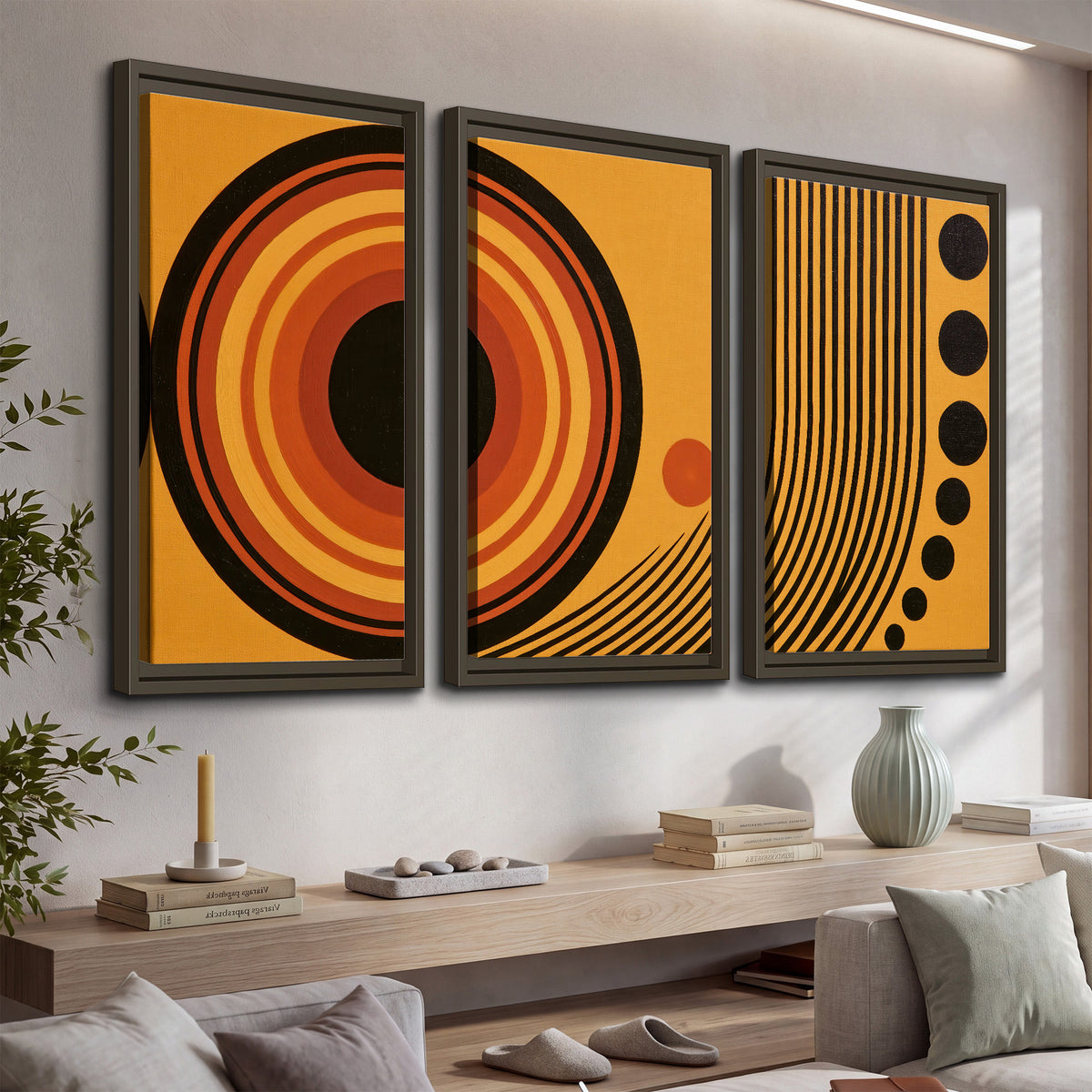 Bold black, orange and golden circles with parallel curved lines and small dots 3 piece framed canvas wall art displayed in a console