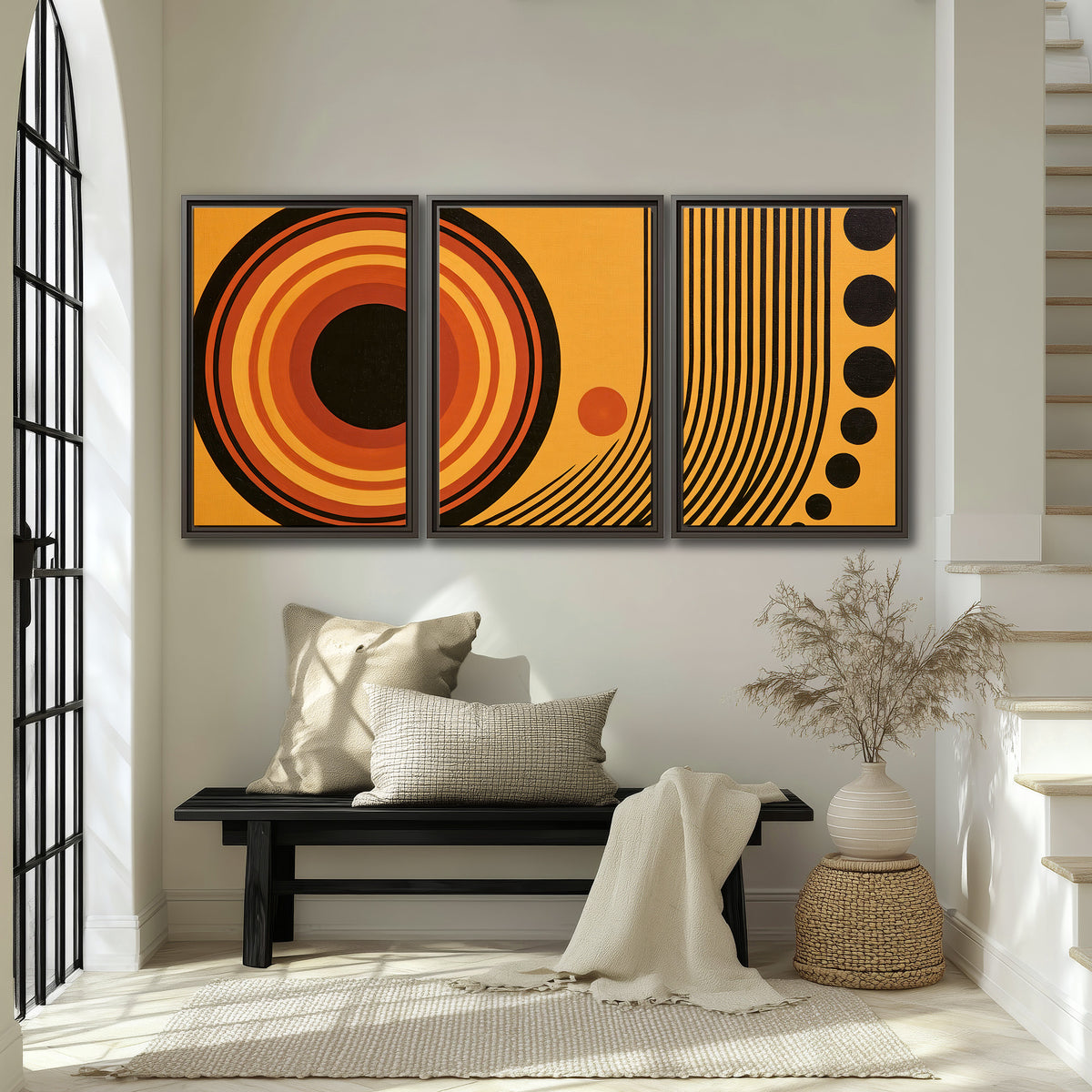 Bold black, orange and golden circles with parallel curved lines and small dots 3 piece framed canvas wall art displayed in a entryway