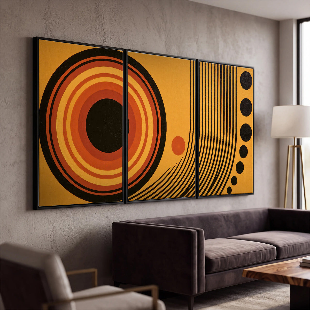 Bold black, orange and golden circles with parallel curved lines and small dots 3 piece framed canvas wall art displayed in a modern living room