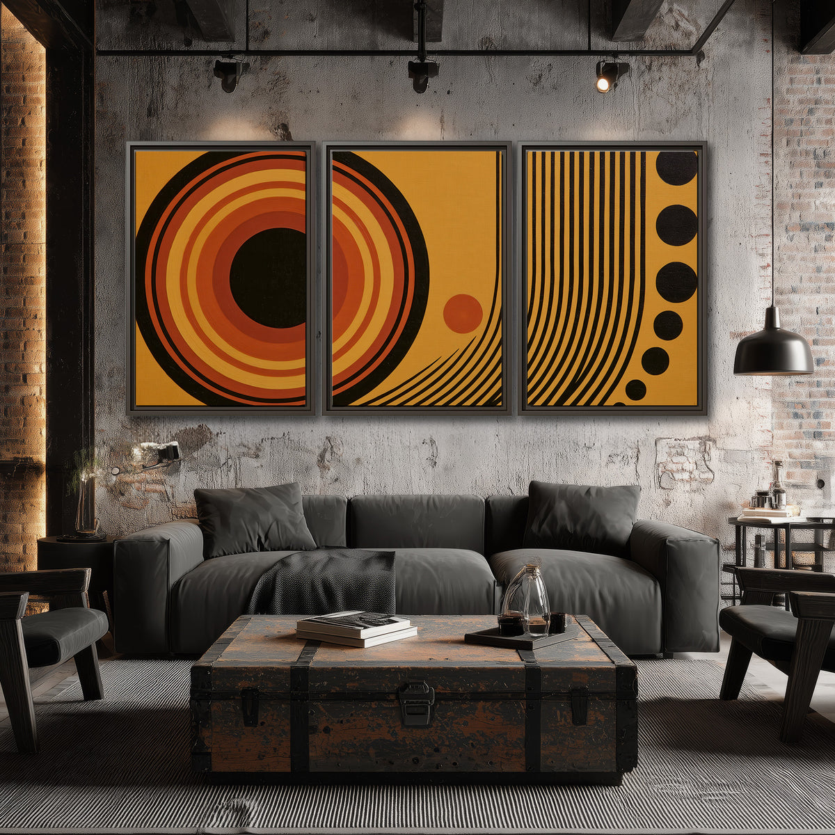 Bold black, orange and golden circles with parallel curved lines and small dots 3 piece framed canvas wall art displayed in a industrial room