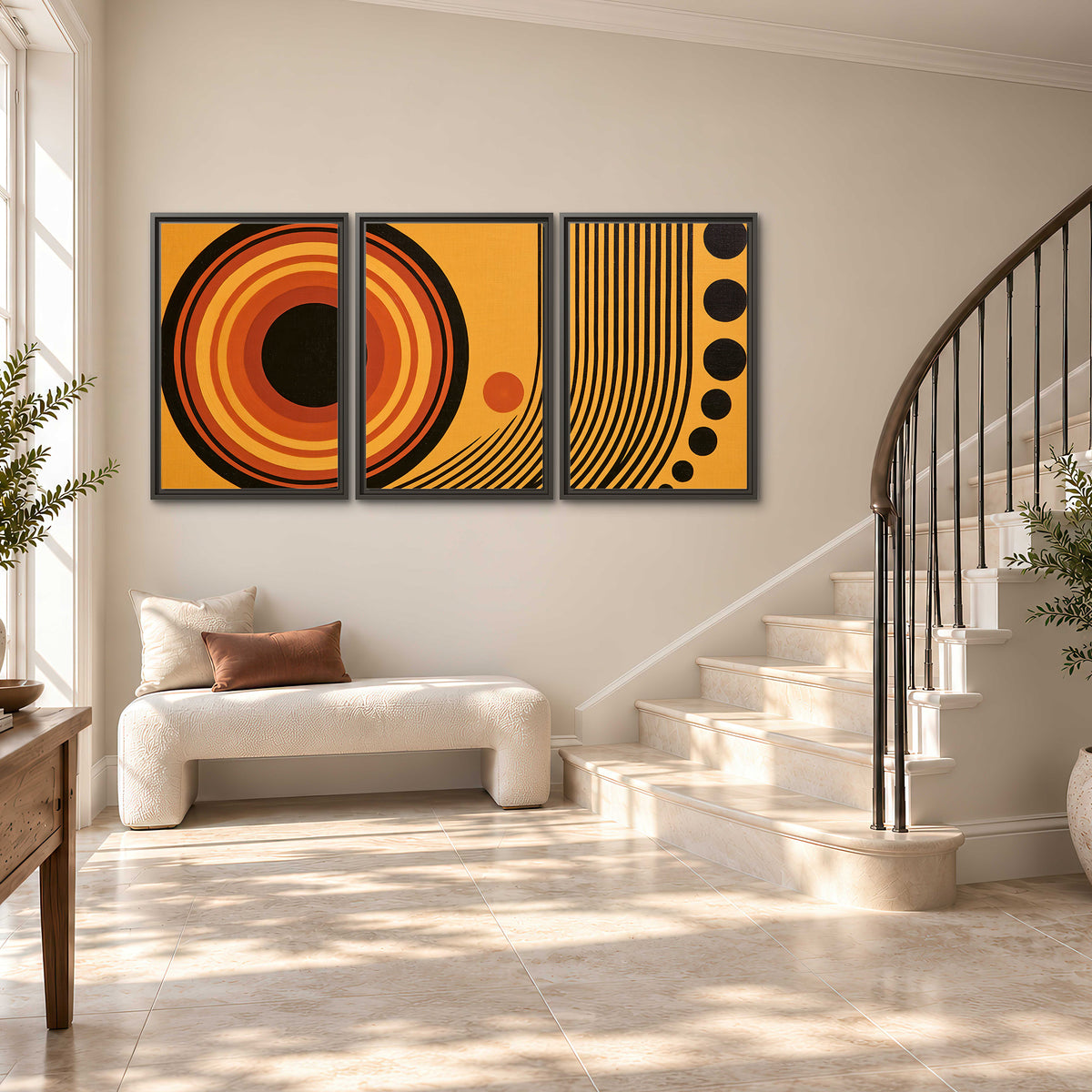 Bold black, orange and golden circles with parallel curved lines and small dots 3 piece framed canvas wall art styled in an interior