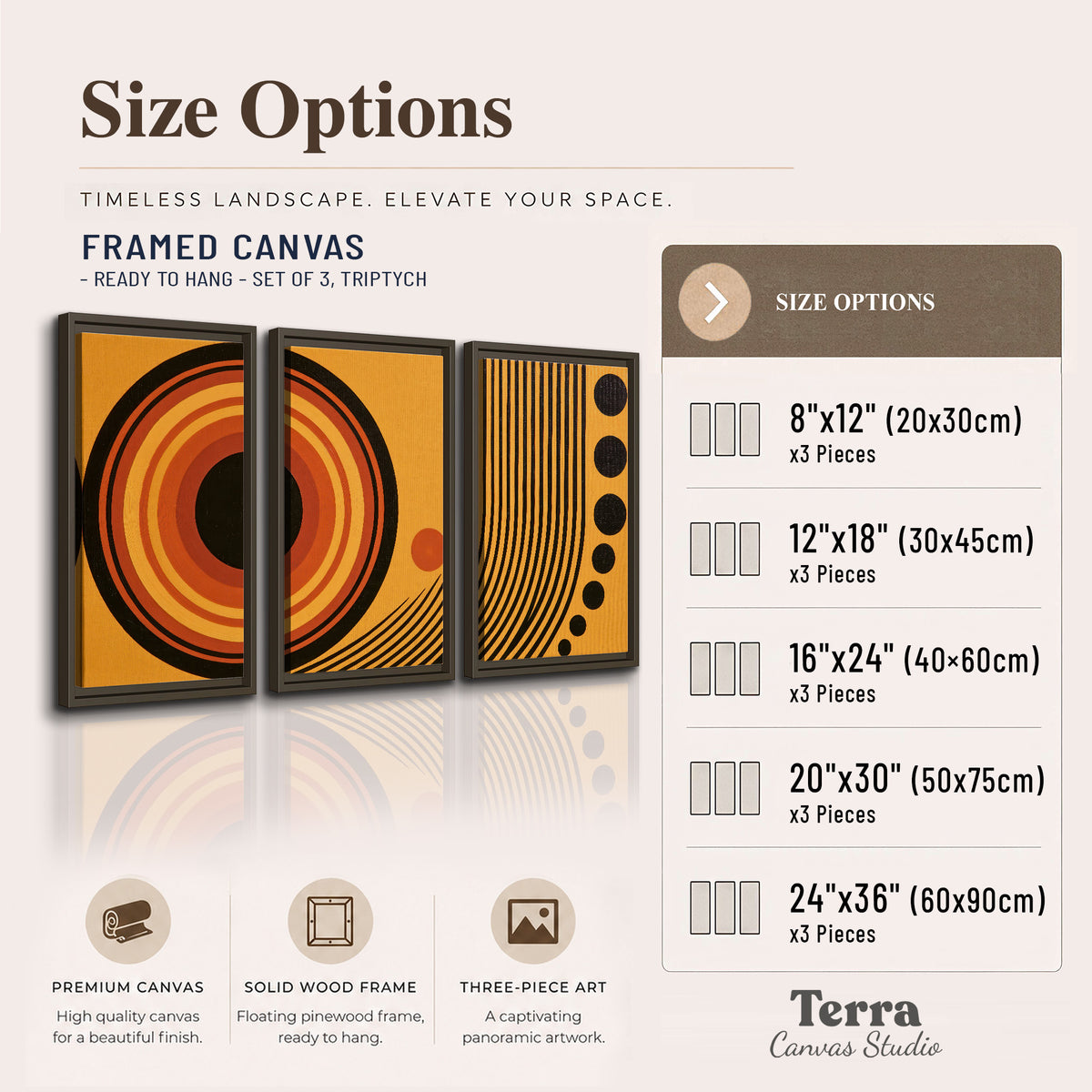 Bold black, orange and golden circles with parallel curved lines and small dots 3 piece framed canvas wall art available dimensions; triptych dimensions are per panel