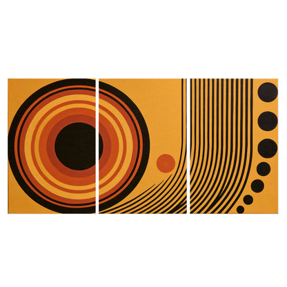 Bold black, orange and golden circles with parallel curved lines and small dots set of 3 poster prints viewed straight on