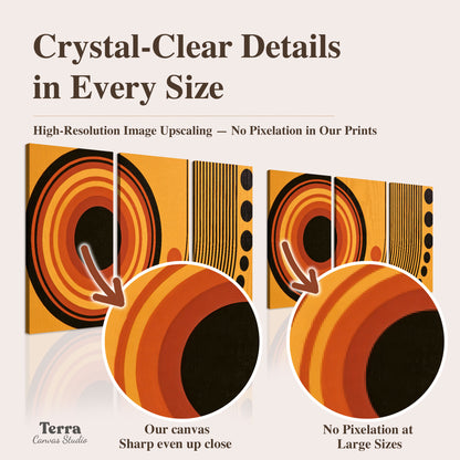 Bold black, orange and golden circles with parallel curved lines and small dots artwork quality information